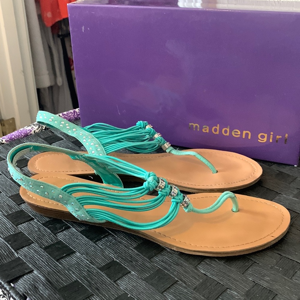 Madden Girl Thrill mint green rhinestone low platform sandals. Size 10, with box